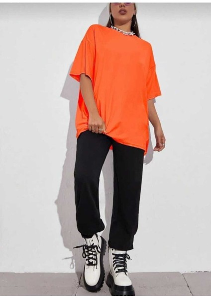 Oversize T-Shirt Sırt Baskılı Turuncu Renk