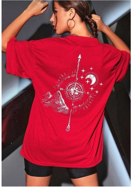 Oversize T-Shirt Sırt Baskılı Kırmızı Renk