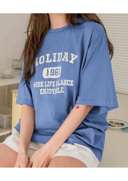 Oversize T-Shirt Baskılı Mavi Renk