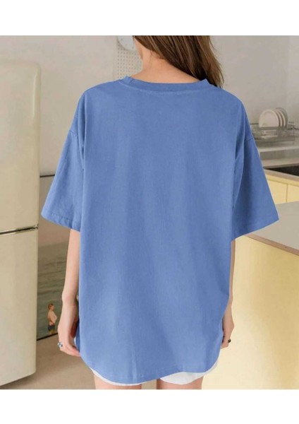 Oversize T-Shirt Baskılı Mavi Renk