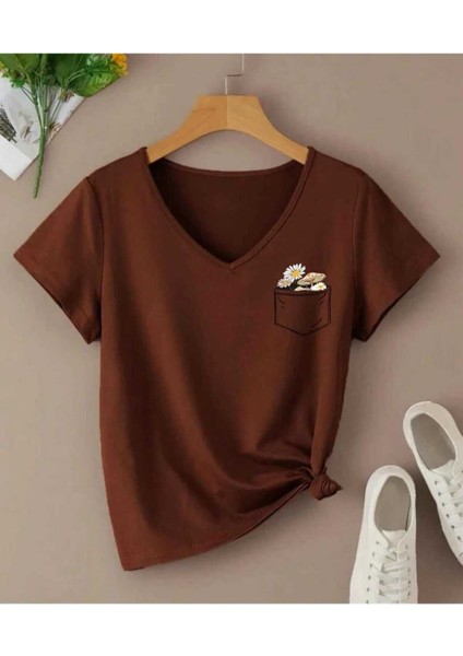 Oversize T-Shirt Baskılı Kahverengi Renk