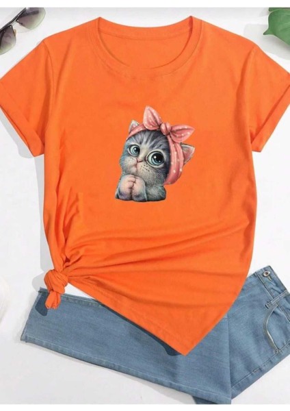 Oversize T-Shirt Kedi Baskılı Turuncu Renk