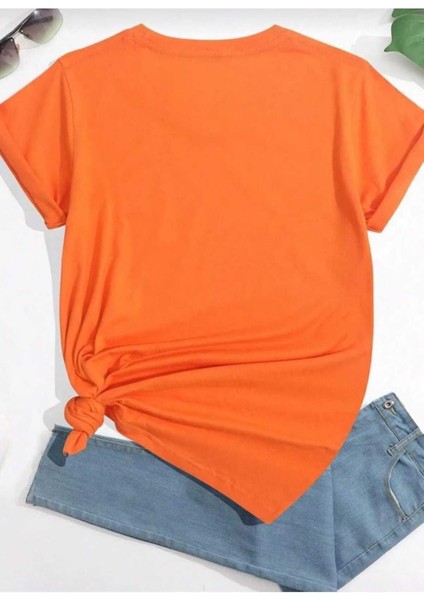 Oversize T-Shirt Kedi Baskılı Turuncu Renk