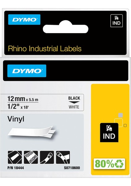 Rhinopro, Renkli Vinil Şerit (12 mm x 5.5 Mt), Beyaz/siyah - 18444