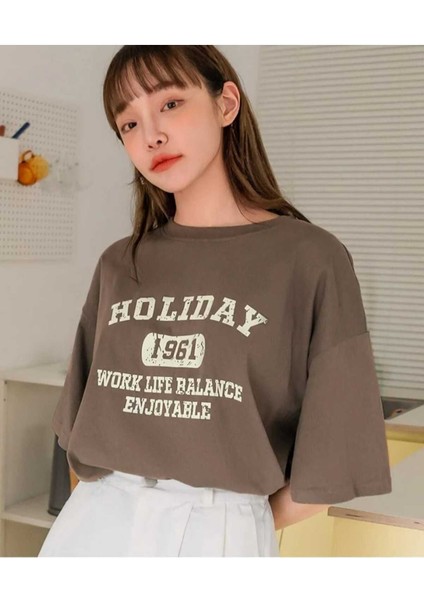 Oversize T-Shirt Baskılı Kahverengi Renk