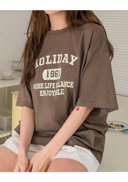 Oversize T-Shirt Baskılı Kahverengi Renk fiyatları