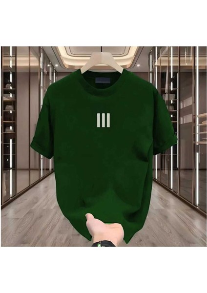 Oversize T-Shirt Çizgi Baskılı Yeşil Renk