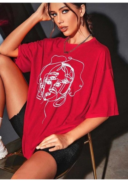 Oversize T-Shirt Baskılı Kırmızı Renk