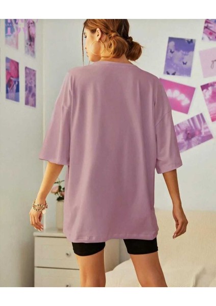 Oversize T-Shirt Ayı Baskılı Lila Renk