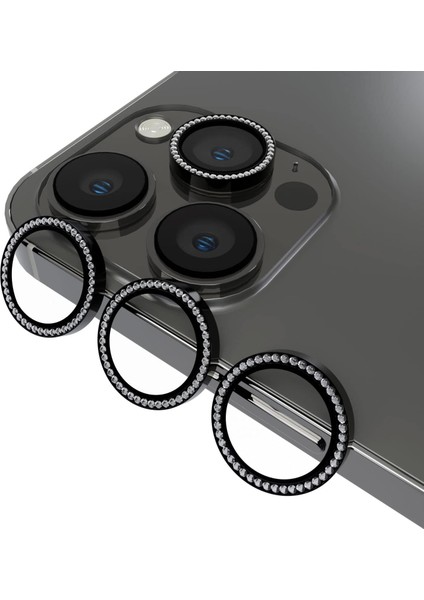 iPhone 13 Pro/iphone 13 Pro Max Uyumlu Taşlı Tasarımlı Kamera Lens Temperli Koruyucu 3'lü (Siyah)
