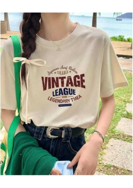 Oversize T-Shirt Baskılı Bej Renk