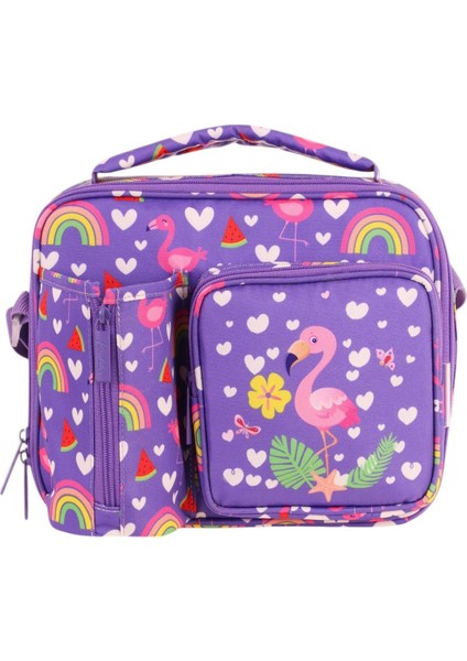Kız Çocuk, Pembe Mor, Flamingo Desenli Isı Yalıtımlı Üç Bölmeli (Matara Cepli) Okul Beslenme Çantası L7226