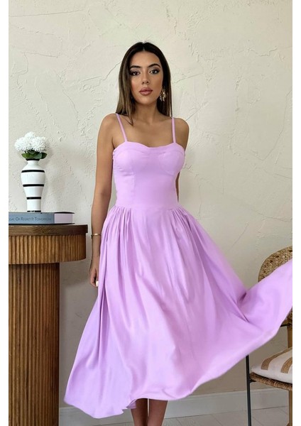Lila Göğüs Kuplu Uzun Büzgülü Elbise