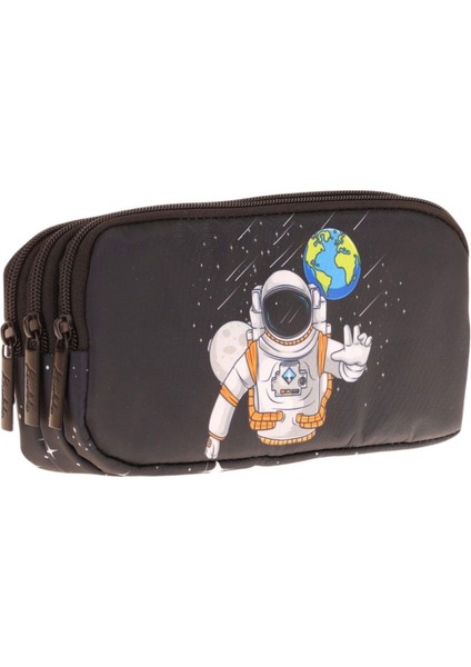 Kids Siyah, Astronot, Erkek Çocuk Üç Bölmeli Okul Kalem Çantası - L8253