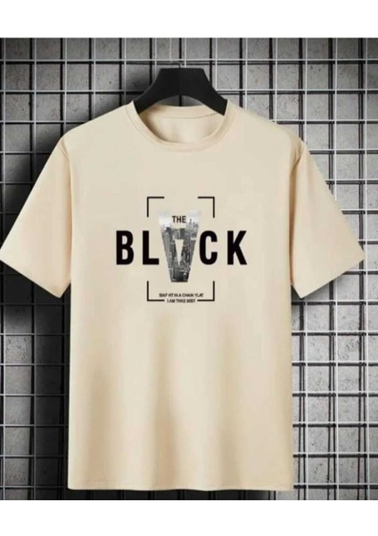 Oversize T-Shirt Black Baskılı Bej Renk