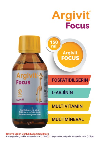 Focus Fosfotidilserin, L-Arjinin, Multivitamin ve Multimineral İçeren Sıvı 150 ml - Portakal ve Vanilya Aromalı