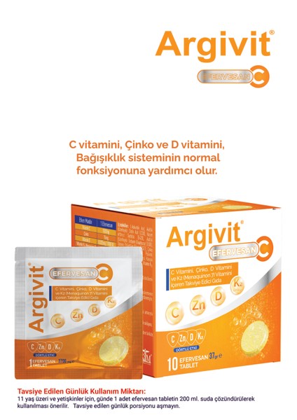 Efervesan C Tablet C Vitamini, Çinko, D Vitamini ve K2 Vitamini (Menaquinon 7) İçeren 10 Saşe