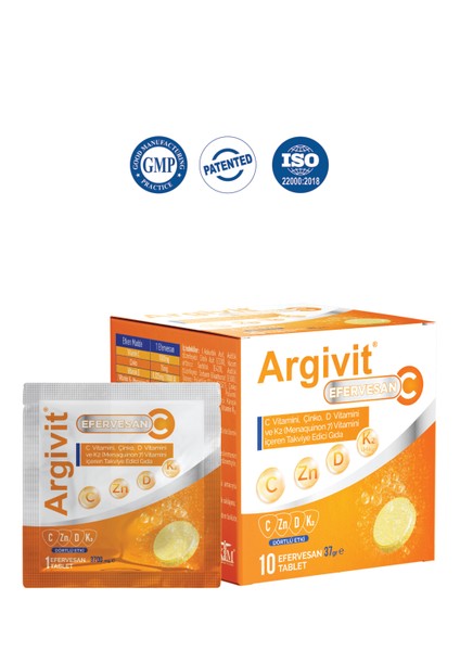 Efervesan C Tablet C Vitamini, Çinko, D Vitamini ve K2 Vitamini (Menaquinon 7) İçeren 10 Saşe