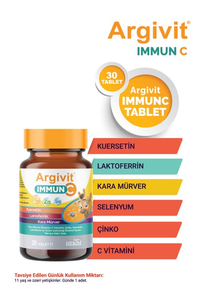 Immun C Tablet ( Kara Mürver, C Vitamini, Çinko, Kuersetin, Laktoferrin, Üzüm ) 30 Tablet