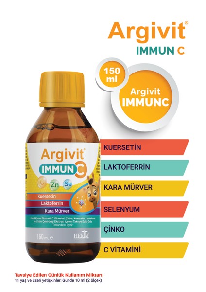 Immun C Şurup 2’li Paket ( Kara Mürver, C Vitamini, Çinko, Kuersetin, Laktoferrin, Üzüm ) 150 ml - Karışık Meyve Aromalı
