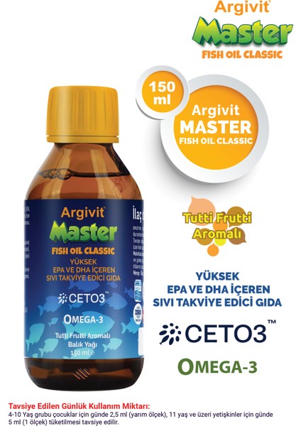Master Fish Oil Yüksek Omega-3 (3000mg) İçeren Balık Yağı 150 ml - Tutti Frutti Aromalı