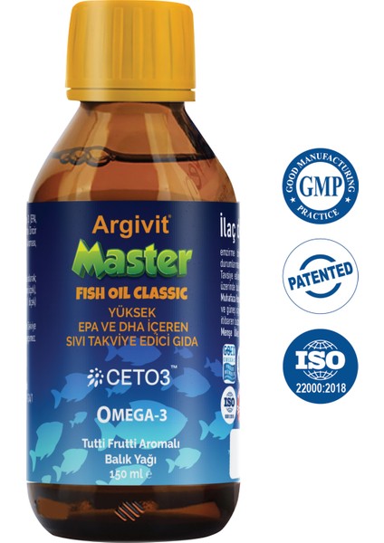 Master Fish Oil Yüksek Omega-3 (3000mg) İçeren Balık Yağı 150 ml - Tutti Frutti Aromalı
