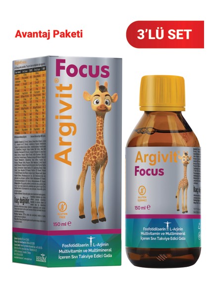 Focus Fosfotidilserin, L-Arjinin, Multivitamin ve Multimineral İçeren Sıvı 3’lü Paket 150 ml - Portakal ve Vanilya Aromalı