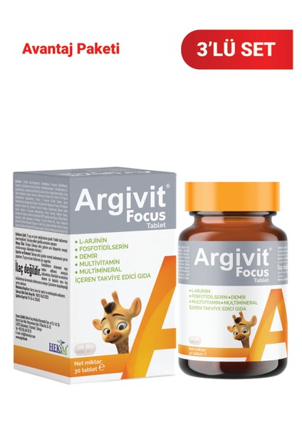Focus 3’lü Paket L-Arjinin, Fosfotidilserin, Demir, Multivitamin ve Multimineral İçeren Tablet 30 Tablet