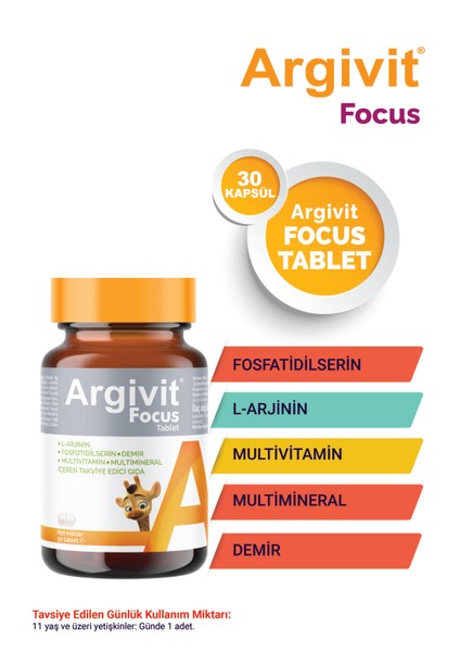 Focus 3’lü Paket L-Arjinin, Fosfotidilserin, Demir, Multivitamin ve Multimineral İçeren Tablet 30 Tablet