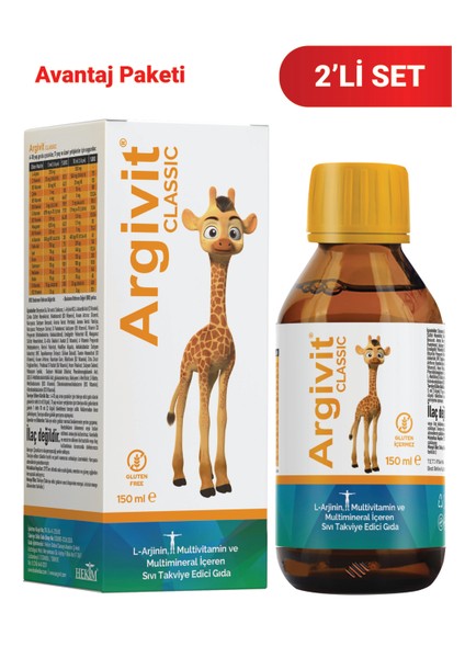 Classic L-Arjinin, Multivitamin ve Multimineral İçeren Sıvı 150 ml 2'li Paket - Portakal ve Vanilya Aromalı