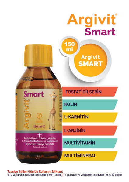 Smart (Fosfotidilserin, Kolin, L-Karnitin, L-Arjinin, Multivitamin, Multimineral) Şurup 150 ml 2’li Paket - Portakal ve Vanilya Aromalı