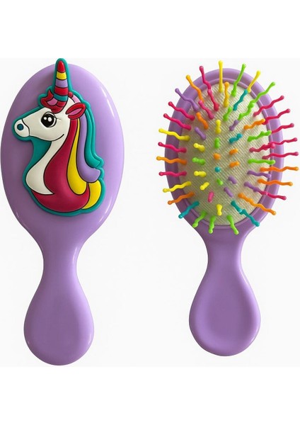 Mor Tek Boynuzlu At Desenli Kız Çocuk Fırça Tarak 14 cm