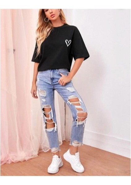 Oversize T-Shirt Kalp Baskılı Siyah Renk