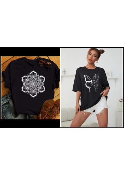Oversize T-Shirt Beyaz Baskılı Siyah Renk