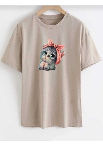 Oversize T-Shirt Kedi Baskılı Bej Renk