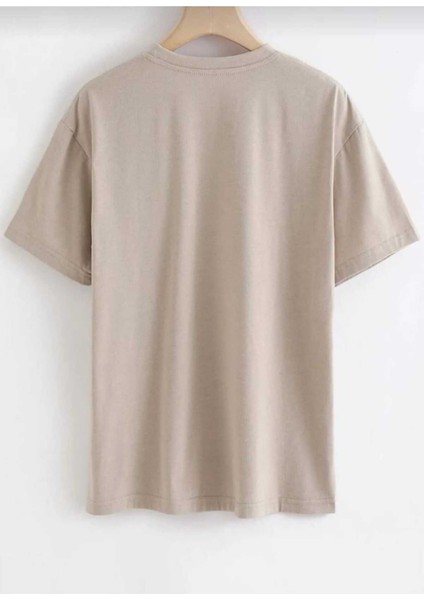 Oversize T-Shirt Kedi Baskılı Bej Renk