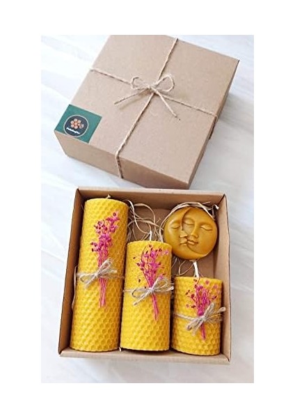 Dekoratif Doğal Petek Balmumu Mum Ay ve Güneş Seti Bal Mumu Mum Hediyelik Mum Yeni Model (Kırmızı Çiçek Süslemeli) modelleri
