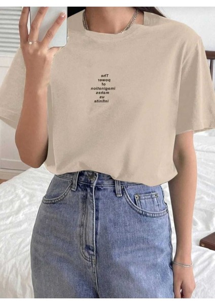 Oversize T-Shirt Baskılı Bej Renk