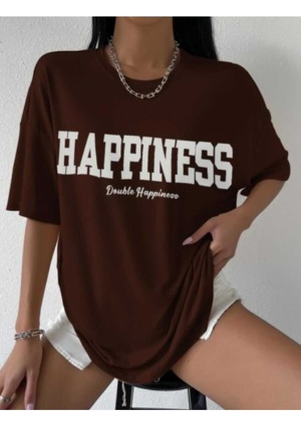 Oversize T-Shirt Baskılı Kahverengi Renk