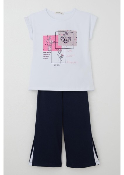 Kız Çocuk Pantolonlu Takım Çiçek Baskılı Yırtmaçlı 6-12 Yaş, Beyaz