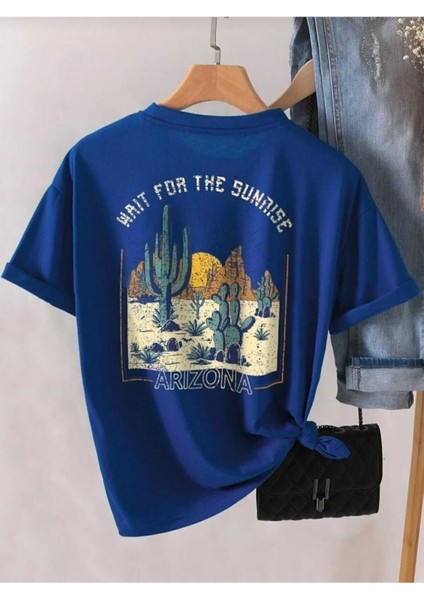 Oversize T-Shirt Arizona Baskılı Saks Mavi Renk