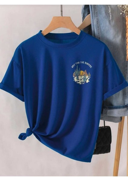 Oversize T-Shirt Arizona Baskılı Saks Mavi Renk