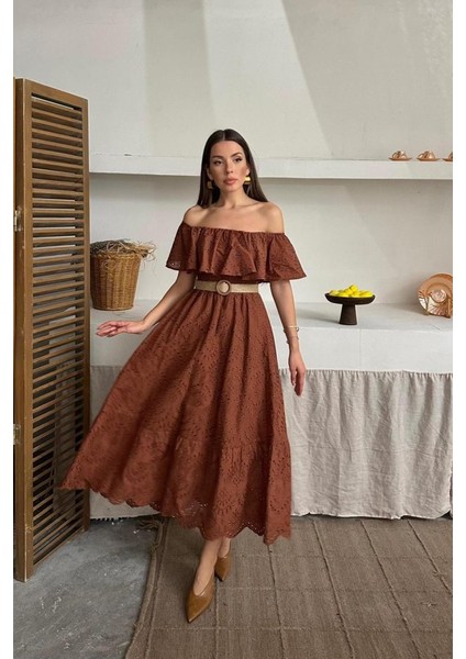Kahverengi Omzu Lastikli Brode Elbise fiyatları