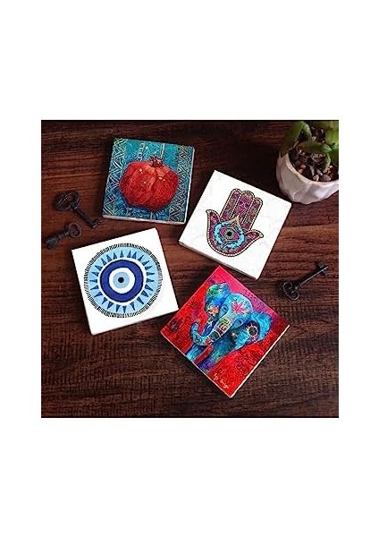 Nazar, Fil, Fatma Ana Eli (Hamsa), Nar Taş Bardak Altlığı Seti - 4 Parça - Dekoratif, Rustik Mutfak Aksesuarı, 10X10 Cm, Kaydırmaz Tabanlı, Şık ve Dayanıklı SC206 modelleri