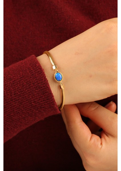 Mavi Opal Taşlı Balıksırtı Zincir Altın Bileklik CGKBLK0321