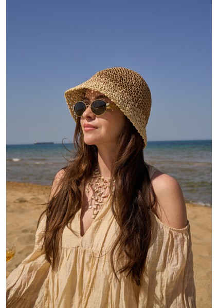 El Örgüsü Hasır Şapka Camel Bej