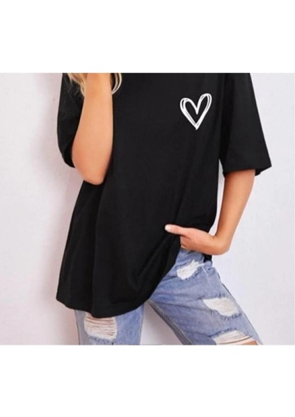 Oversize T-Shirt Kalp Baskılı Siyah Renk