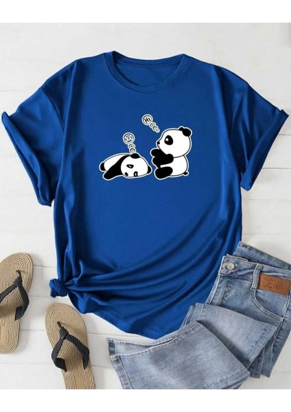 Oversize T-Shirt Pandalar Baskılı Saks Mavi Renk
