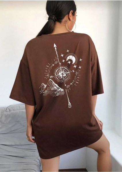 Oversize T-Shirt Sırt Baskılı Kahverengi Renk