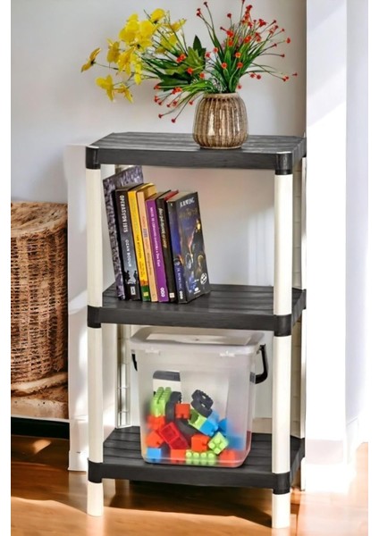 3 Katlı Ahşap Desenli Çok Amaçlı Depolama Rafı, Antrasit